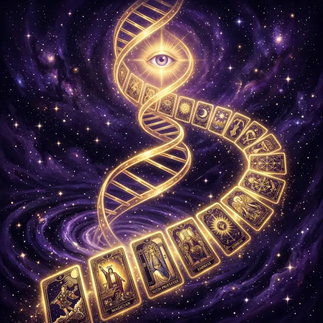 Espiral de ADN que se convierte en un camino de cartas de tarot, con un ojo en lo alto