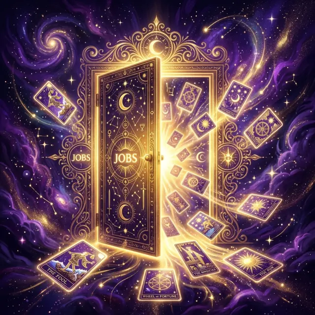 Puerta dorada abierta rodeada de cartas de tarot